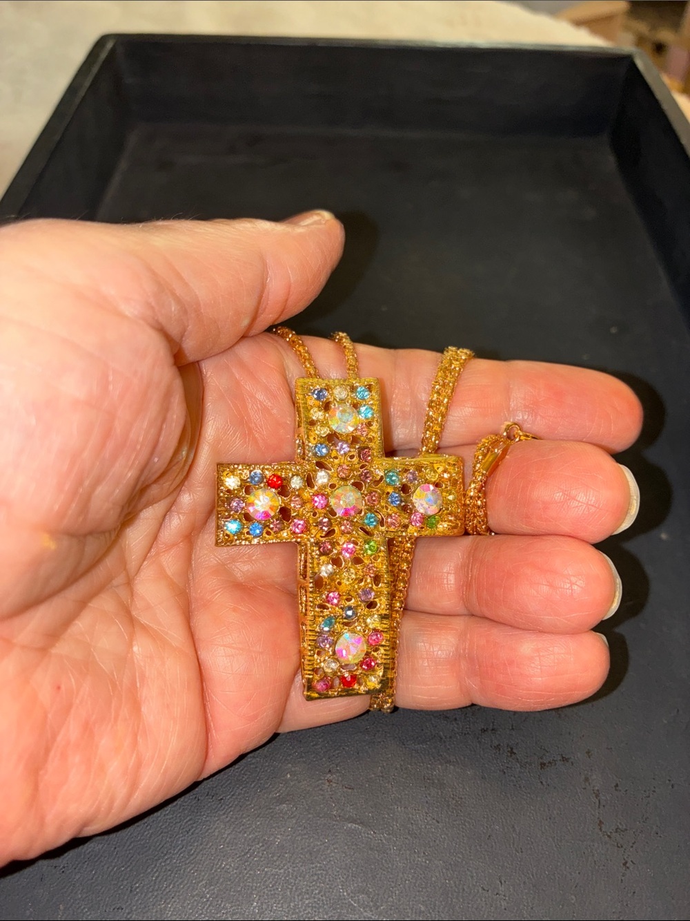 Gold Cross with Multicolor Rhinestones - Picture 7 of 9